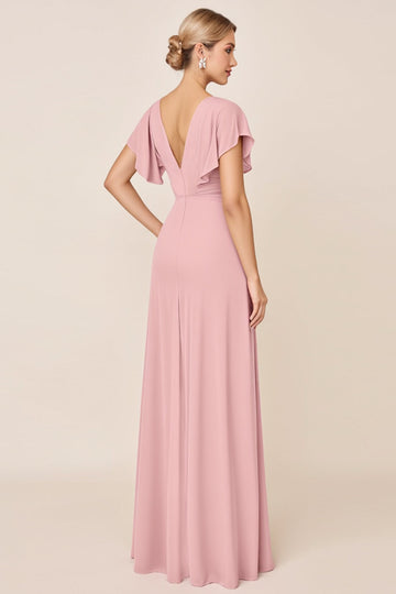 Candy Pink gaine col V à volants manches froncé longue robe de demoiselle d’honneur avec fente